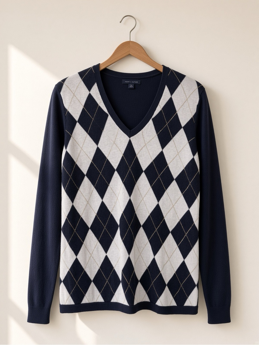 Tommy Hilfiger Argyle V-Neck Sweater Navy White Gold Stitch L